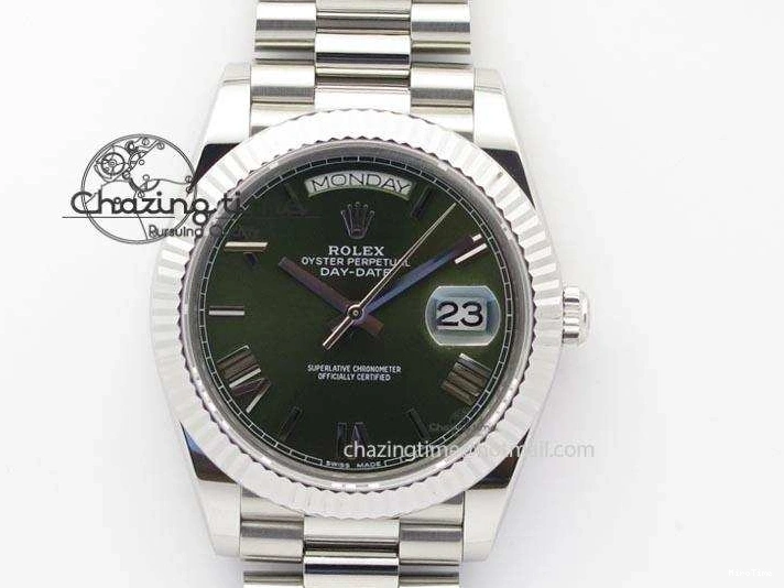 MiroTime 0508 Stretchable DayDate 40mm BP-Maker 228206 SS Green Roman Dial (Fluted Bezel) On SS Bracelet ETA 3904